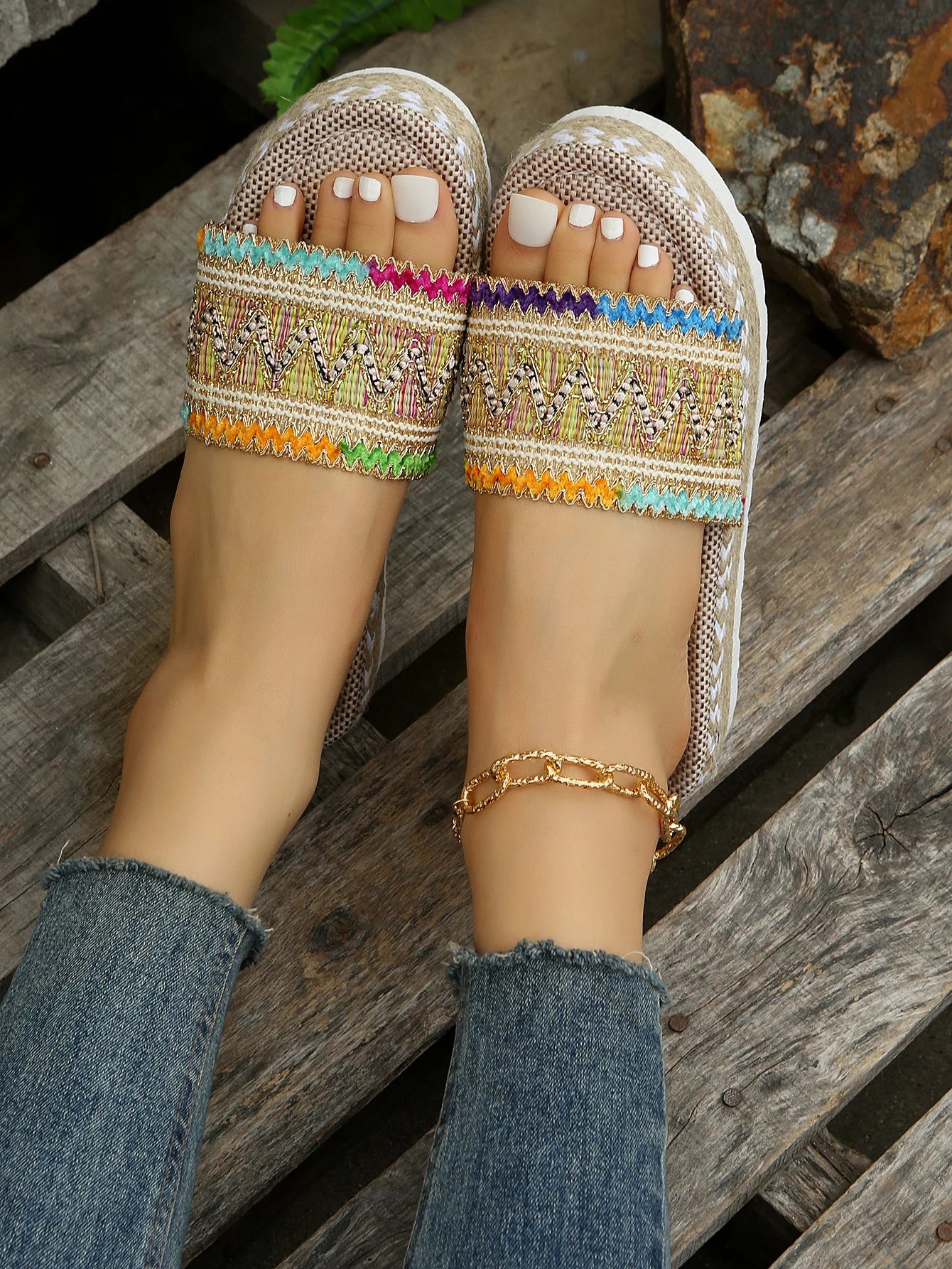 Gewebte Damen Pantoletten Platform - Sommer Schuhe für Damen 2025 Neu - Strand Casual Absatz Sandalen Bohemian Handgemacht Espadrilles