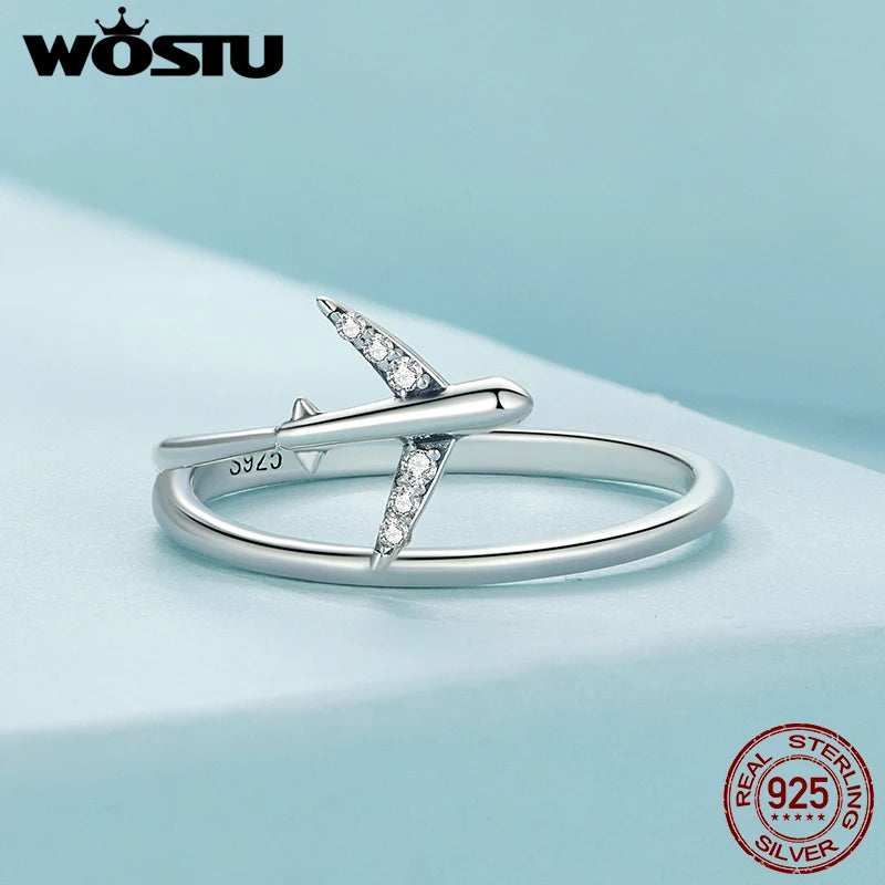 WOSTU 925 Sterling Silver Platinum Airplane Double Layer Rings Women Shining Zircon Airplane Ring Party Bijuterii Girl Holiday Gift