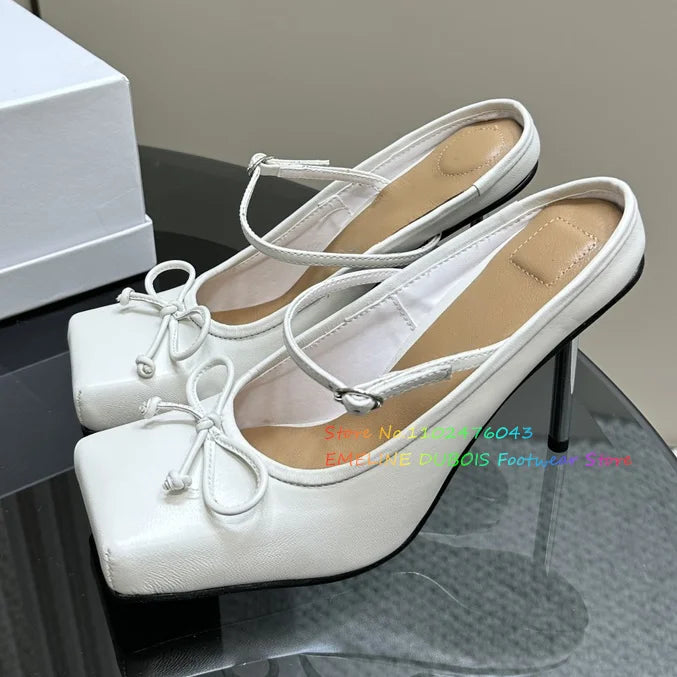 Elegant Women's Formal Shoes Square Toe Bow Tie High Heels Golden Elastic Strap Summer Vintage Mary Janes elegant Party Shoes