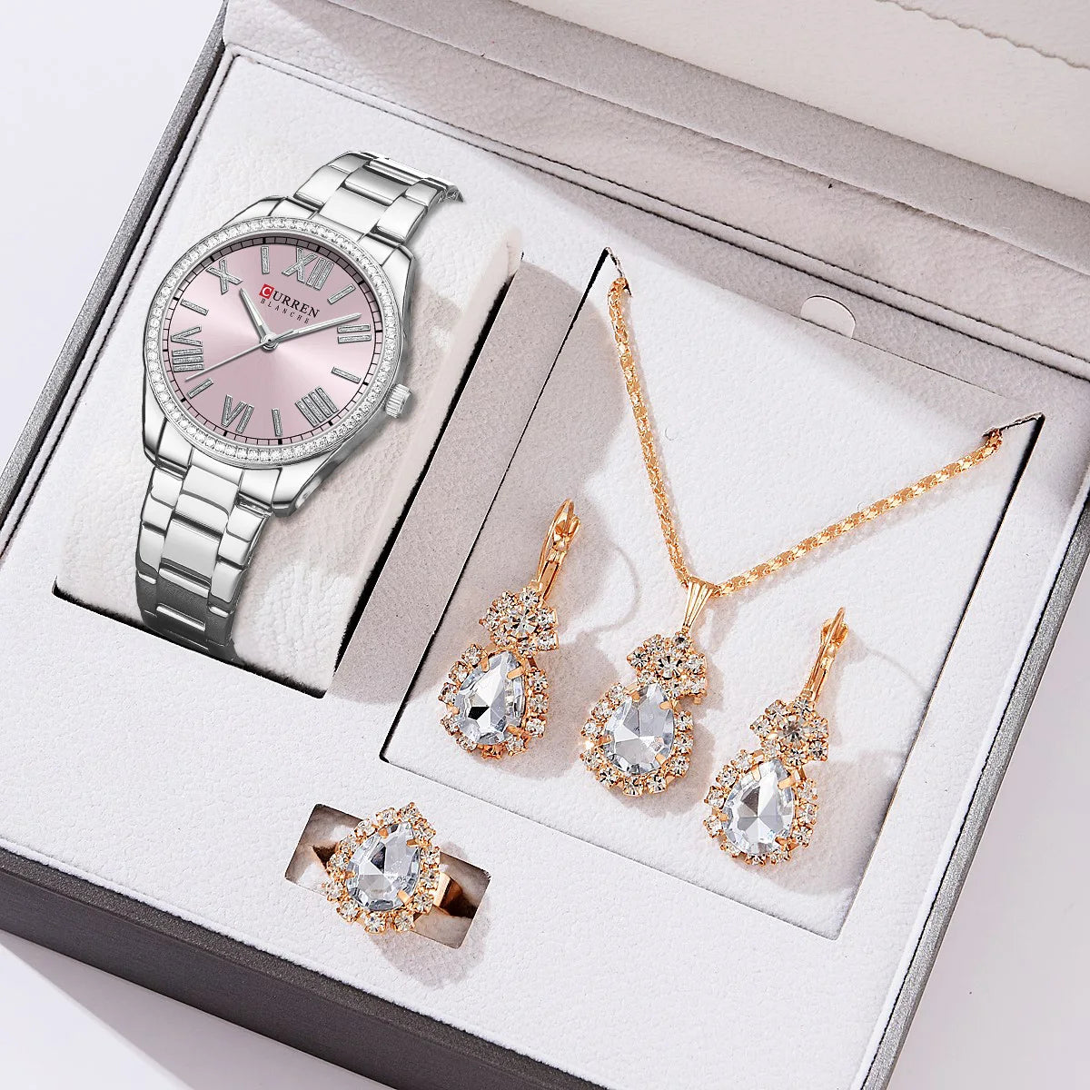 CURREN Luxus Uhr Damen Ring Halskette Ohrringe - Strass Mode Armbanduhr Weiblich Casual Damen Uhren Armband 5-teiliges Set