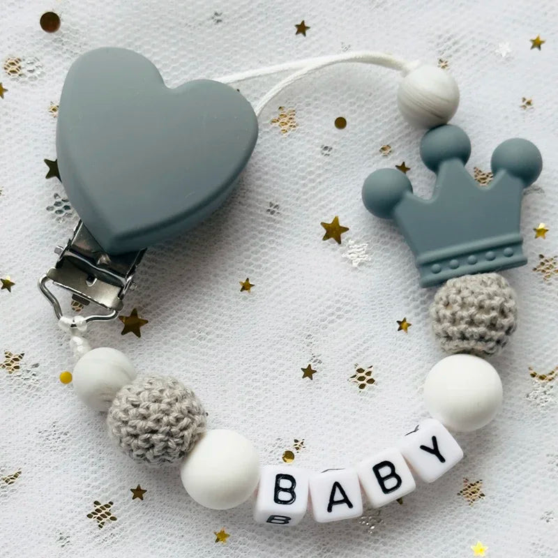 Nou personalizat nume personalizat suzetă clemă lucrată manual din lemn de fag lanț silicon coroană suport suzetă bebeluși jucărie de mestecat cadou de mestecat