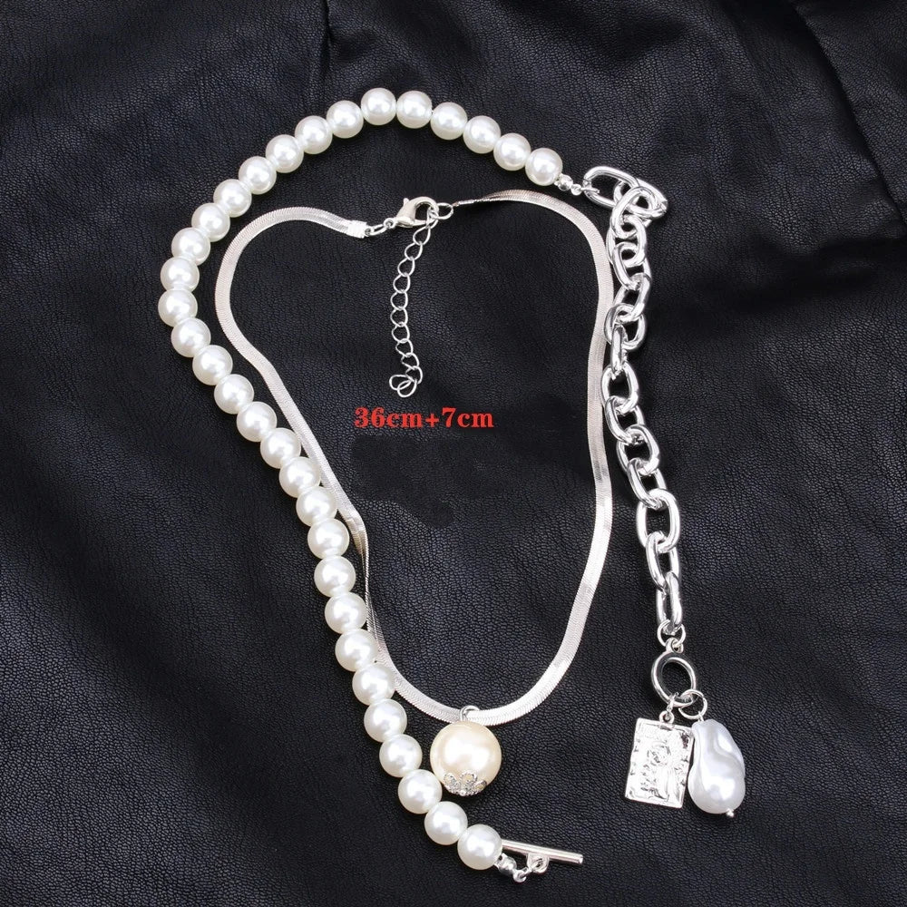 Fashion 2 Layers Pearls Geometric Pendants Necklaces for Women Gold Color Metal Snake Chain Necklace Choker Jewelry Gift