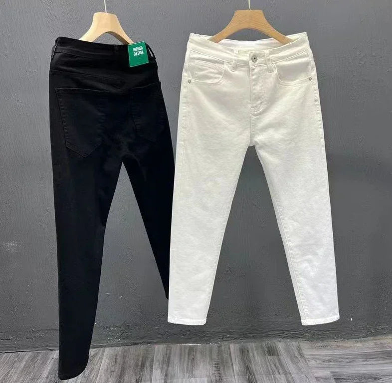 Jeans for Men White High Quality Trousers Slim Fit Tight Pipe Male Cowboy Pants Solid Skinny Stacked 2024 Korean Autumn Buggy Xs