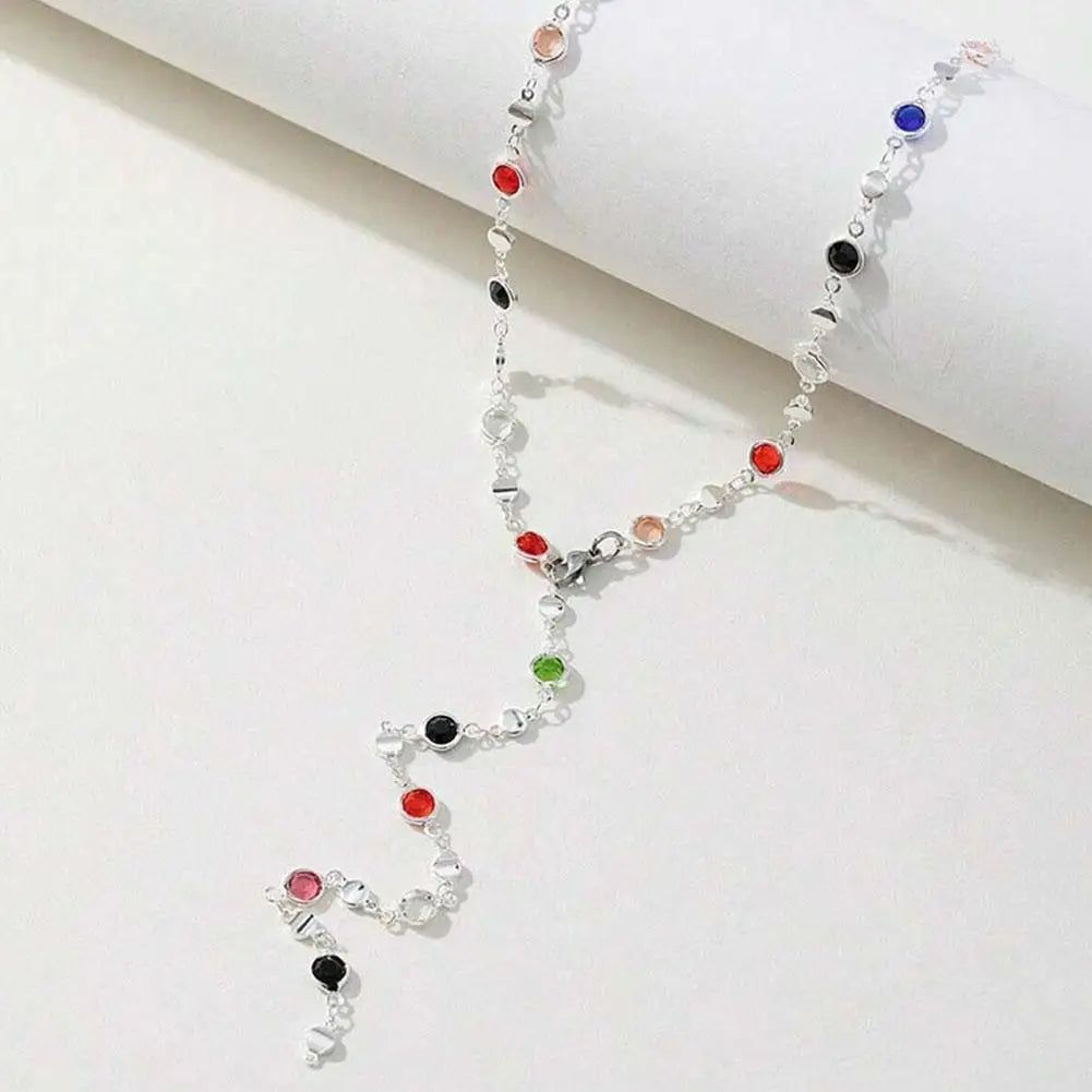 Bohemian Colorful Glass Long Y-Shaped Necklace Metal Collarbone Chain Gold Silver Color Summer Holiday Party Body Jewelry Gifts