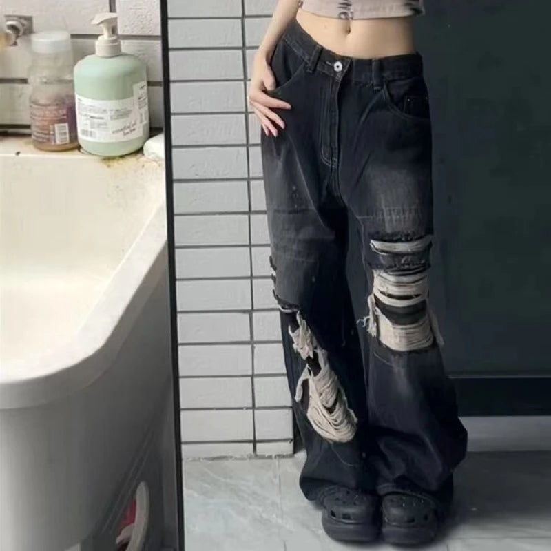 Jeans Women Hot Girls High Waist Chic Straight Trousers Simple Ripped American Street Loose Fall Fashion Leisure Newly All-match