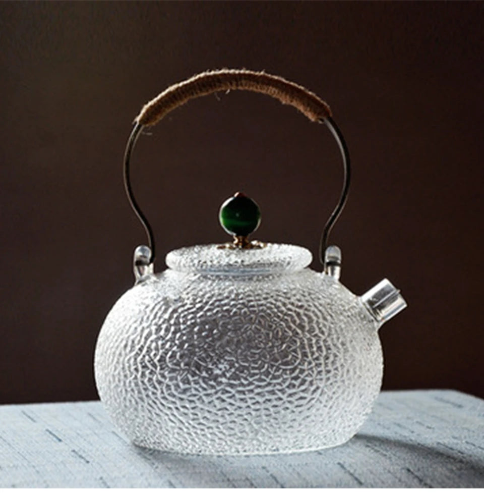 Ceainic de sticlă rezistent la temperaturi ridicate, set de ceai, ceainic de flori cu textură ciocănită manual, cu mâner pentru a face ceainic Gaiwan Pu Erh