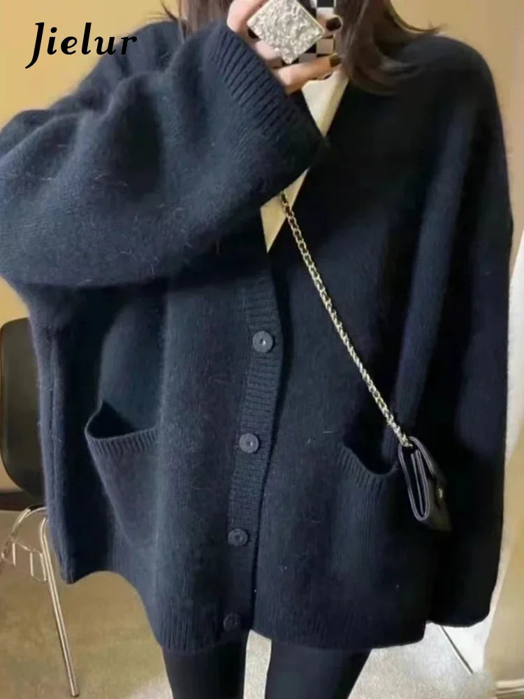 Jielur Damen V-Ausschnitt Strickjacke Mit Knopfleiste - Größe M, Material Polyester Baumwolle, Länge Regular