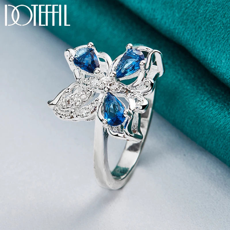 DOTEFFIL 925 Sterling Silver Blue AAA Zircon Fluture Inel Pentru Femei Moda Nuntă Logodnă Petrecere Cadou Charm Bijuterii