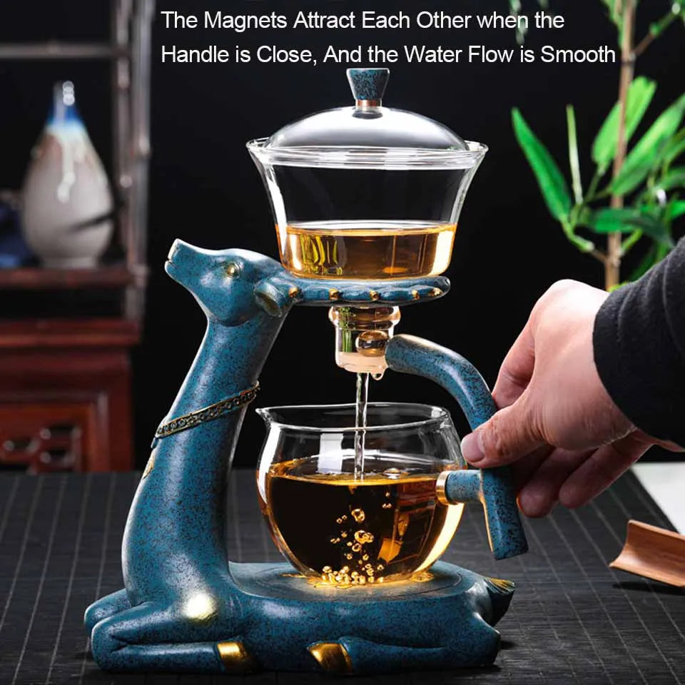 BOZZH-Kungfu Glass Tea Set, Creative Deer Teapot, Magnetic Water Diversion, Tea Infuser, Turkish Drip Pot with Base
