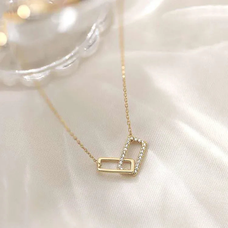 New 925 Sterling Silver Geometric Necklace Shiny Rectangle Pendant Set with Cubic Zirconia Necklace for Girls Fine Jewelry NK064