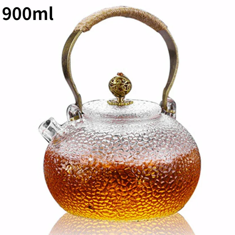 Japanese-style Hammer Pattern High Temperature Resistant Glass Tin Flower Copper Handle Beam Pot Teapot Glass Tea Set - Golden Bridge Store