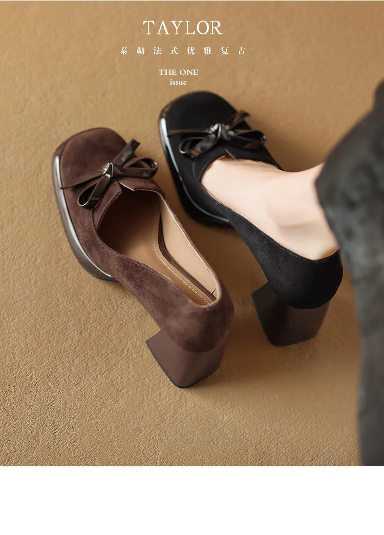Women Shoes  Spring Retro High Heels Butterfly Knot Square Heel Faux Suede Commuting Elegant 6-8cm Pumps Tacones Para Mujer