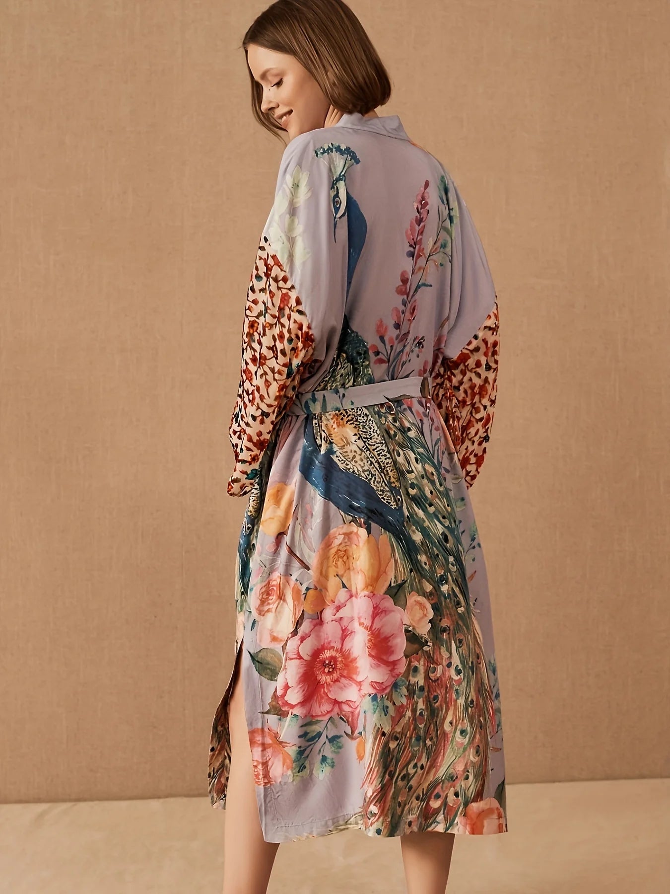 Kimono de plajă 2025 - Costum de baie pentru femei cu imprimeu de păun - Rochie înfășurată cu centură, costum de baie la malul mării