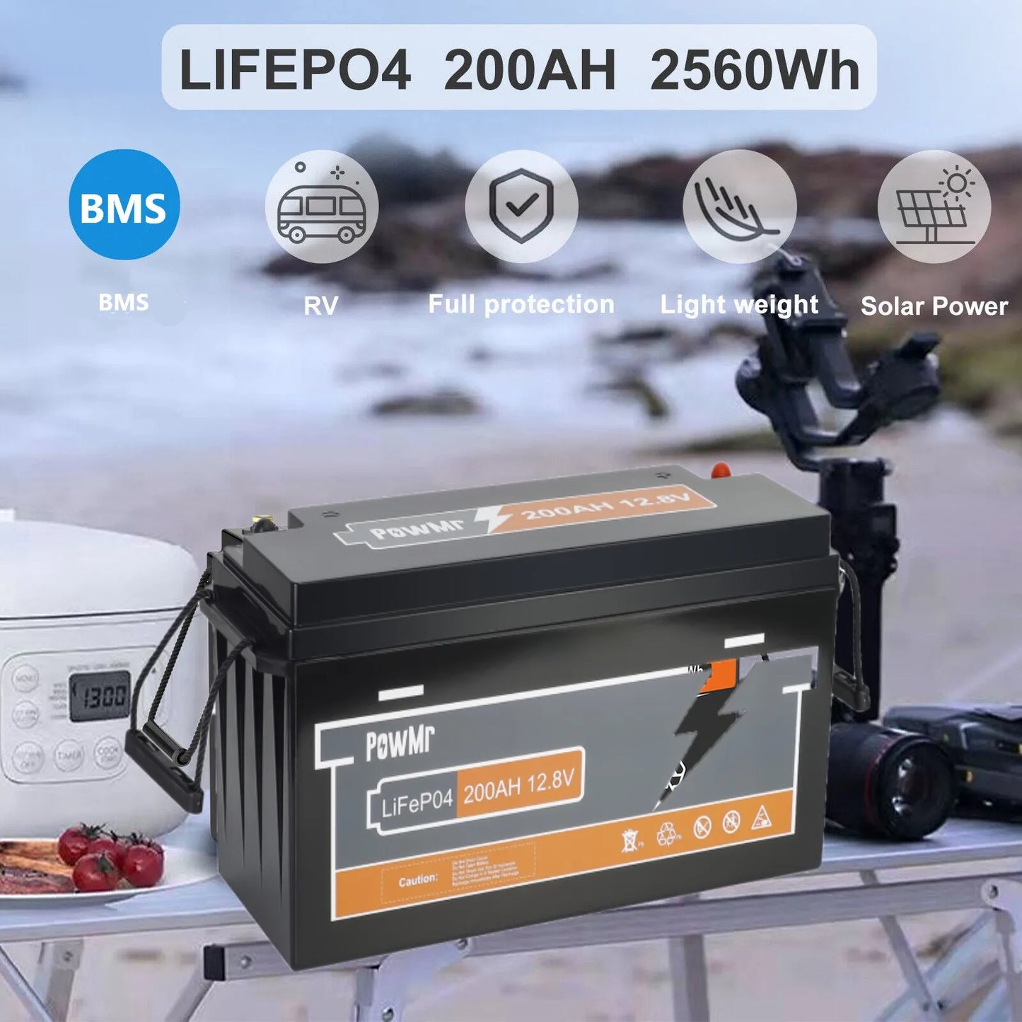 PowMr 12,8V 200AH LiFePO4-Batterie wiederaufladbar Grade A-Zellen 2560WH eingebauter BMS 6000+ Zyklus Heim-Lithium-Batterie-Energiespeicher