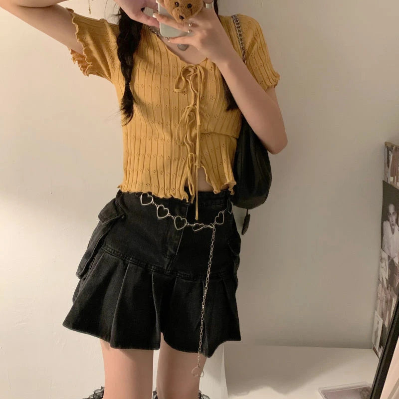 Knitted TShirt For Women V-neck Summer Simple Versatile Casual Crop Tops Bandage Ribbed Short Sleeve Women's Top T-Shirt Girl