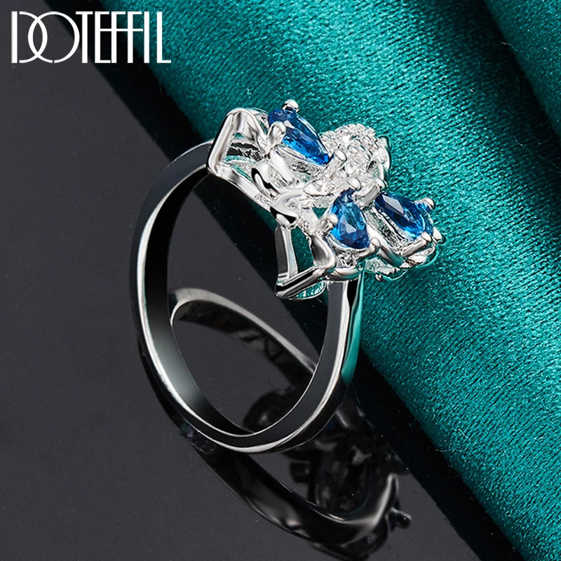 DOTEFFIL 925 Sterling Silver Blue AAA Zircon Fluture Inel Pentru Femei Moda Nuntă Logodnă Petrecere Cadou Charm Bijuterii