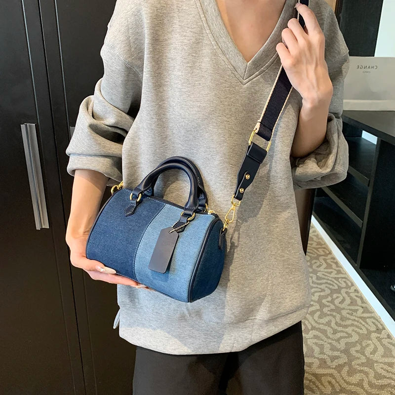 Genți de mână mini cu blocuri de culoare patchwork pentru femei, genți de umăr din denim, genți crossbody, geantă casual de stradă mică, geantă Boston, 2024, poșete de designer