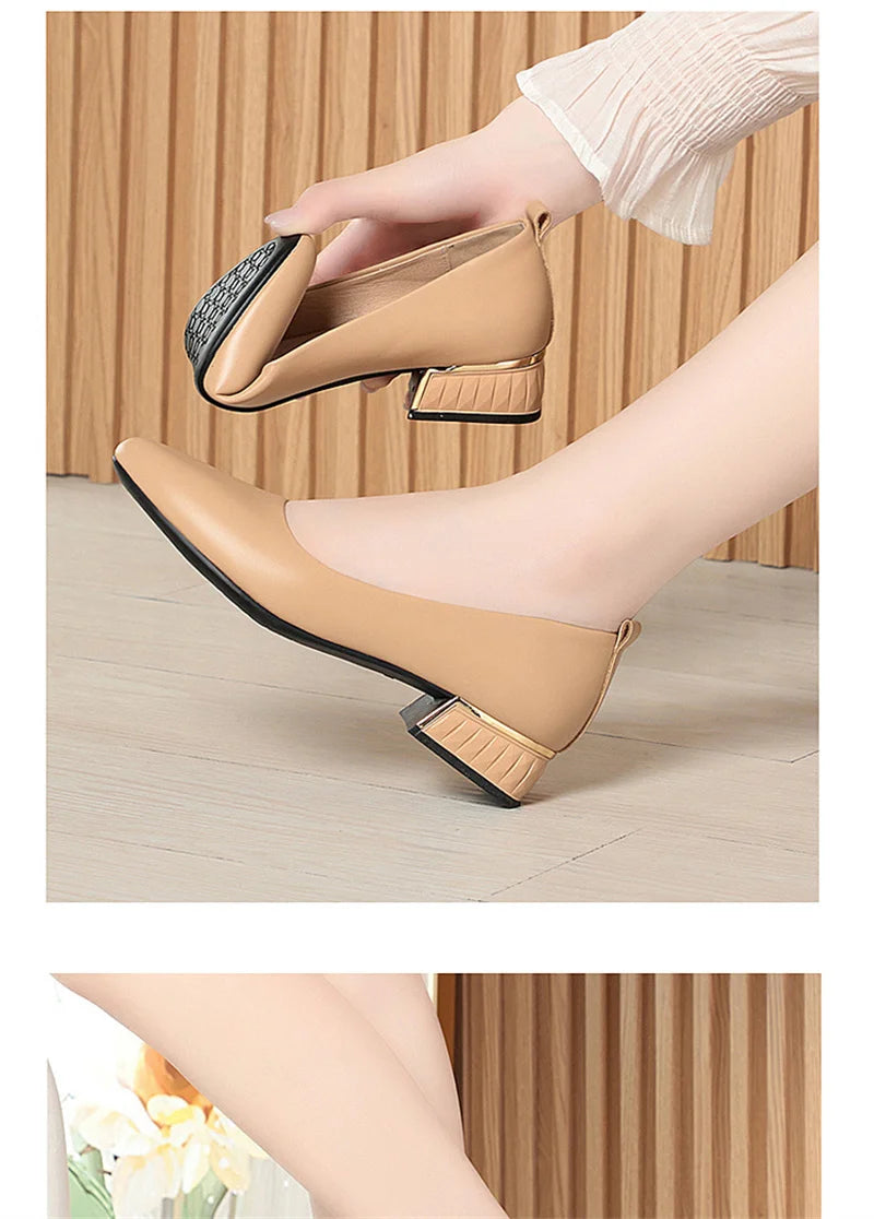 Simple Soft Leather Thick Heel Single Shoes For Women In Summer New Pointed Toe Low Heel White Work Shoes Elegant Comfortable