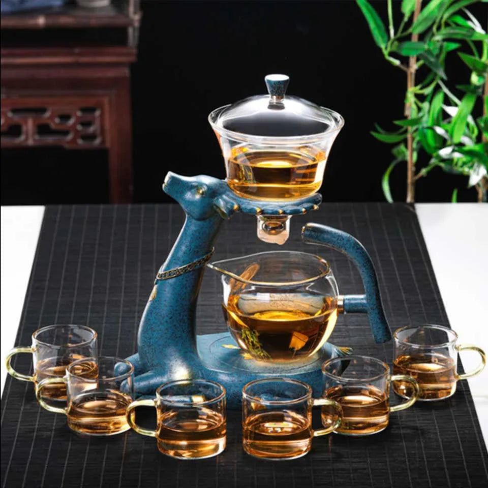 BOZZH-Kungfu Glass Tea Set, Creative Deer Teapot, Magnetic Water Diversion, Tea Infuser, Turkish Drip Pot with Base
