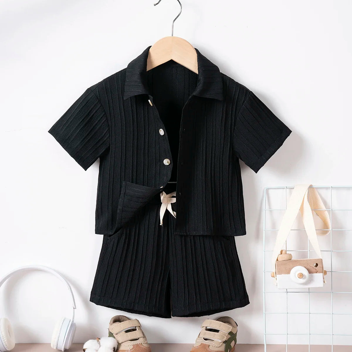 Summer Boys Casual Clothing Set Lapel Short Sleeve Shirt + Elastic Waist Shorts 2 Pcs Set Boys' Fashion Suit