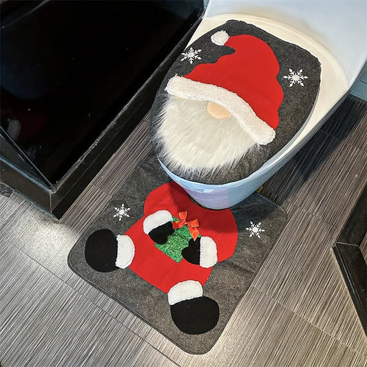 Funny Santa Toilet Seat Cover Set 2PC, Christmas Bathroom Decor With Soft Mat For Xmas Party Home Decoration Gift