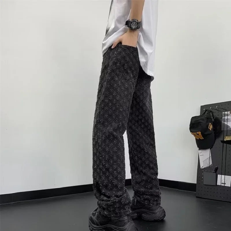 Herren Jeans 2025 - Jacquard All Over High Street Straight Lift Pattern Loose Wide Leg