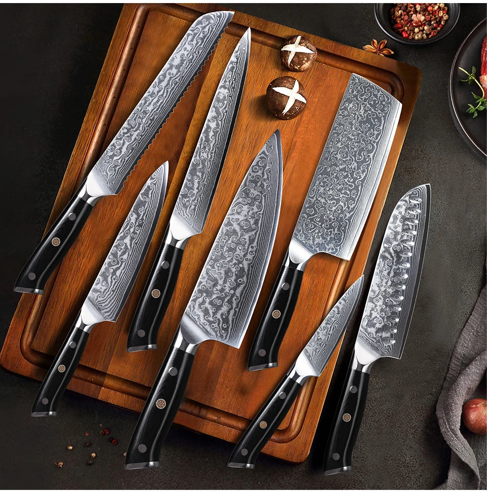 TURWHO 1-6 Piece Knife Set 67 Layers Damascus Steel Kitchen Knives Santoku Chef Knives Utility Bread Slicing Knife Cooking Tools