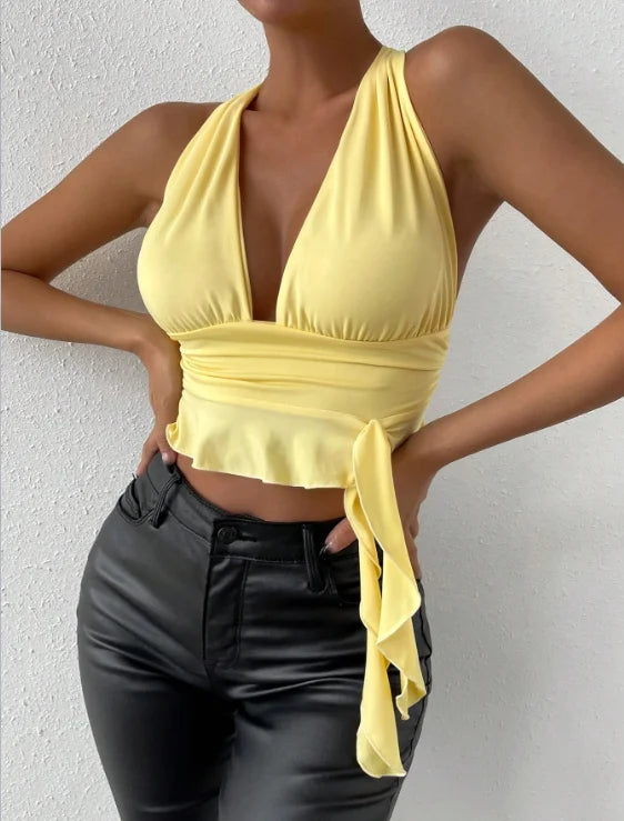 Women's elegant Tight Fitting Deep V-neck Pleated Top Tight Fitting 2024 Spring Beach Resort Nightclub New Model Women's elegant Tigh
