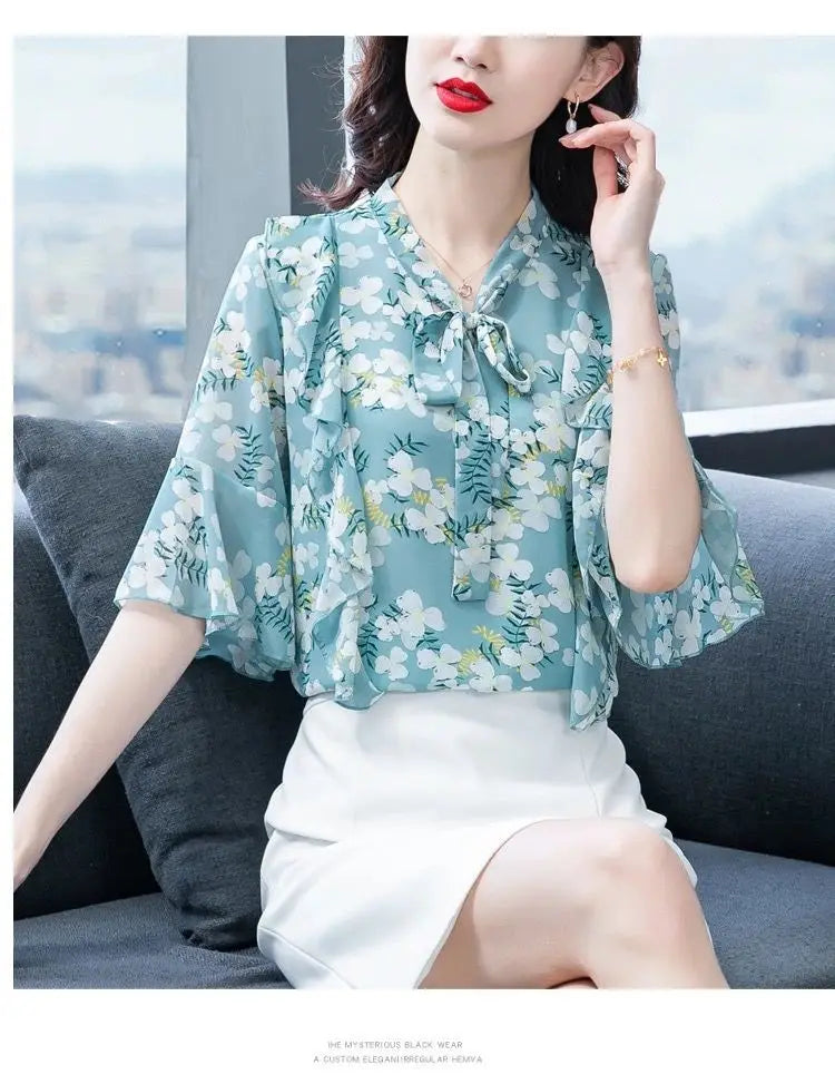 Elegant Fashion Floral Printed Bow Drawstring Chiffon Shirt Summer 2023 V-Neck Three Quarter Sleeve Slim Blouse Women's Clothing