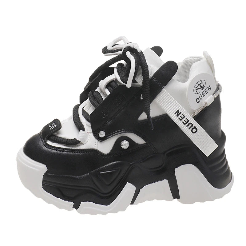 White Chunky Sneakers Women New Autumn Hidden Heel Platform Sports Dad Shoes Woman Lace Up Breathable Mesh Casual Shoes 9.5CM