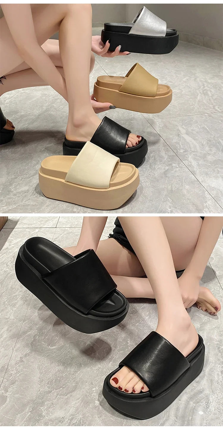 Summer Women Slippers Ladies Beach Flip-Flops Chunky Leather Shoes Wedges Heels Outside Sandals Woman High Platform Slippers 8CM