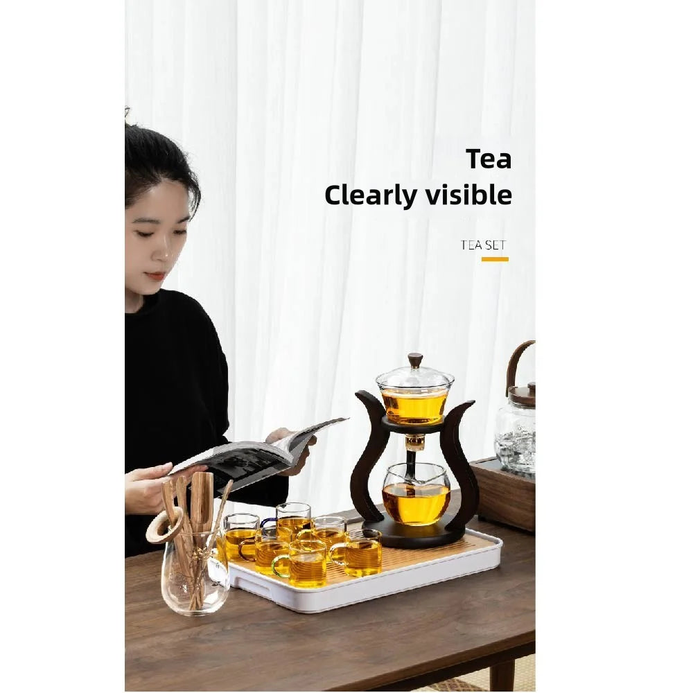 Tea Pot Glass Kettle Automatic Teapot with Strainer Magnetic Infuser Wood Holder Heat Resistant Coffee Pot Bowl Cups Set Jug 주전자