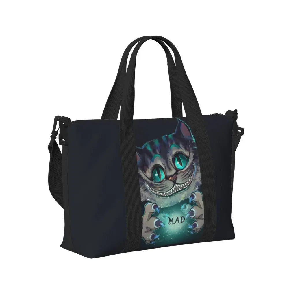 Geantă de plajă personalizată cu pisica Cheshire pentru femei, cu compartiment mare pentru sală și plajă, We're All Mad Here Cat