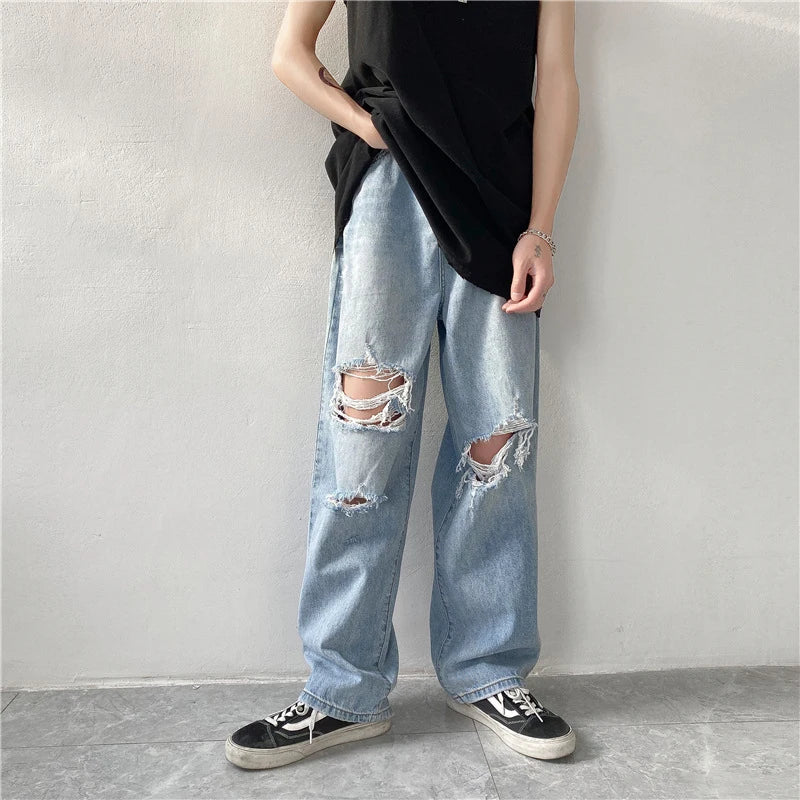 Herren Ripped Jeans 2025 - Summer Blue Loose Fit Hole Wide-leg Streetwear Denim