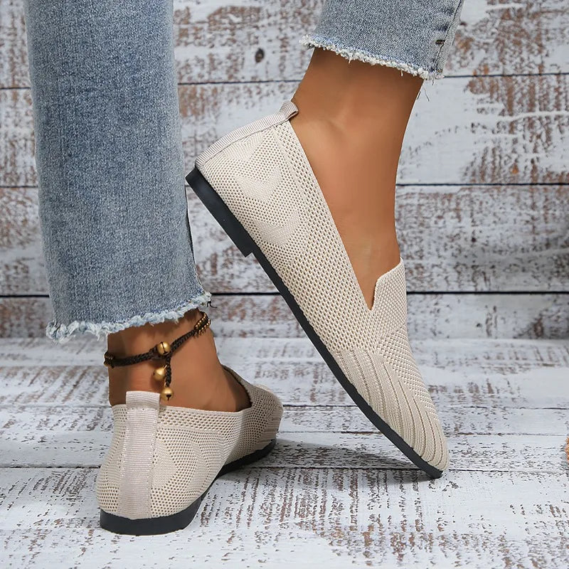 Elegant Office Women Loafers Ladies Hollow Knitting Breathable Solid Color Pointed Toe Mesh Shallow Mouth Flat Casual Shoes