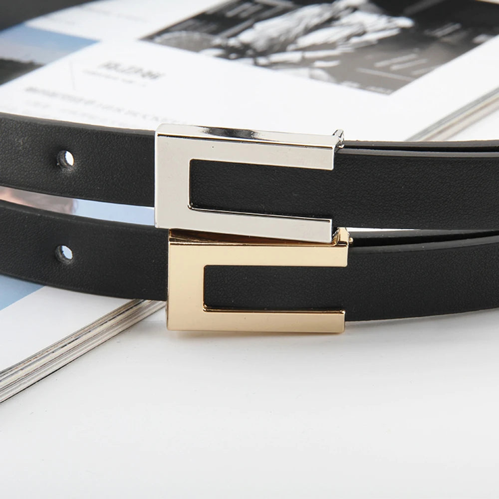 New Luxury Women Thin Belt Black Gold Silver Metal Buckle Belt PU Casual Leather Waist Belt Trouser Dress Decoration Waistband