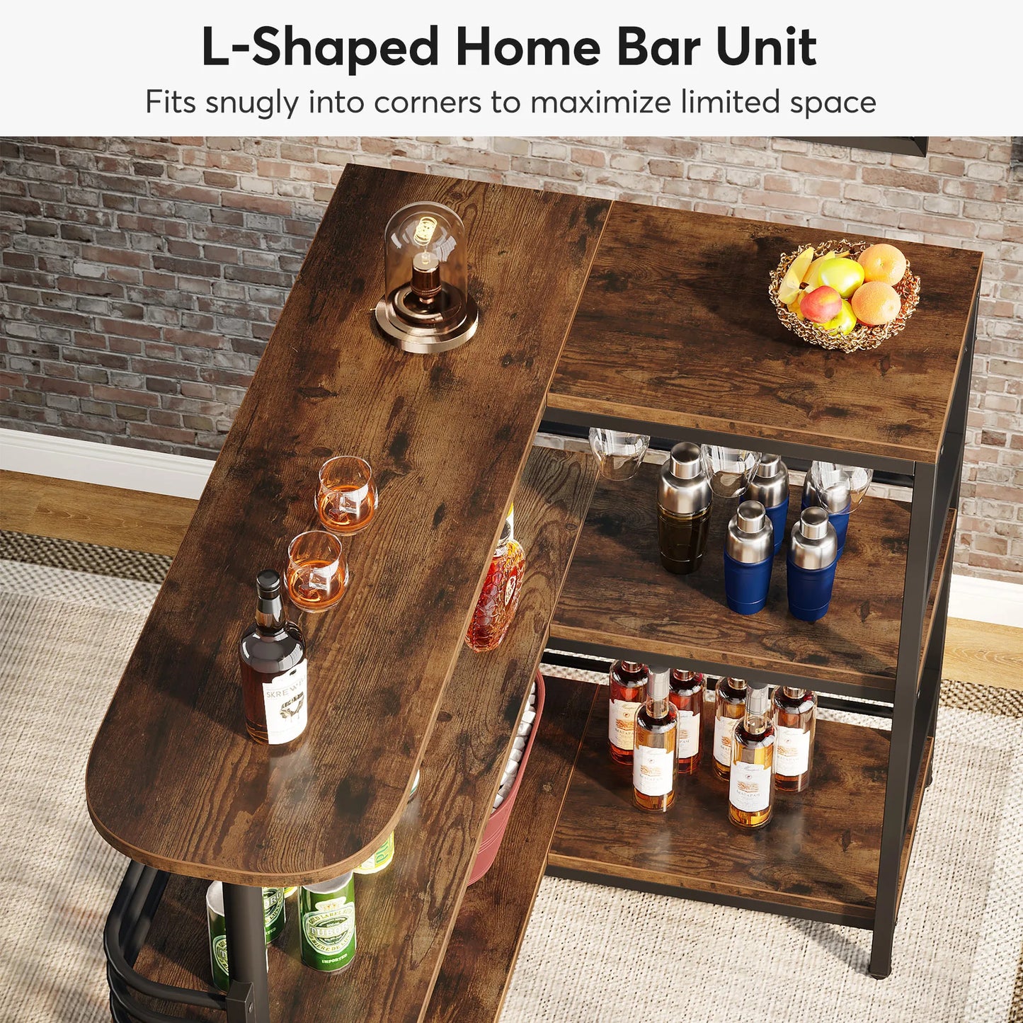 Hausbar 2025: Tribesigns L-Shaped Home Bar Unit - 3 Tier Liquor Bar Table Storage Shelves Wine Glasses Holder Collection