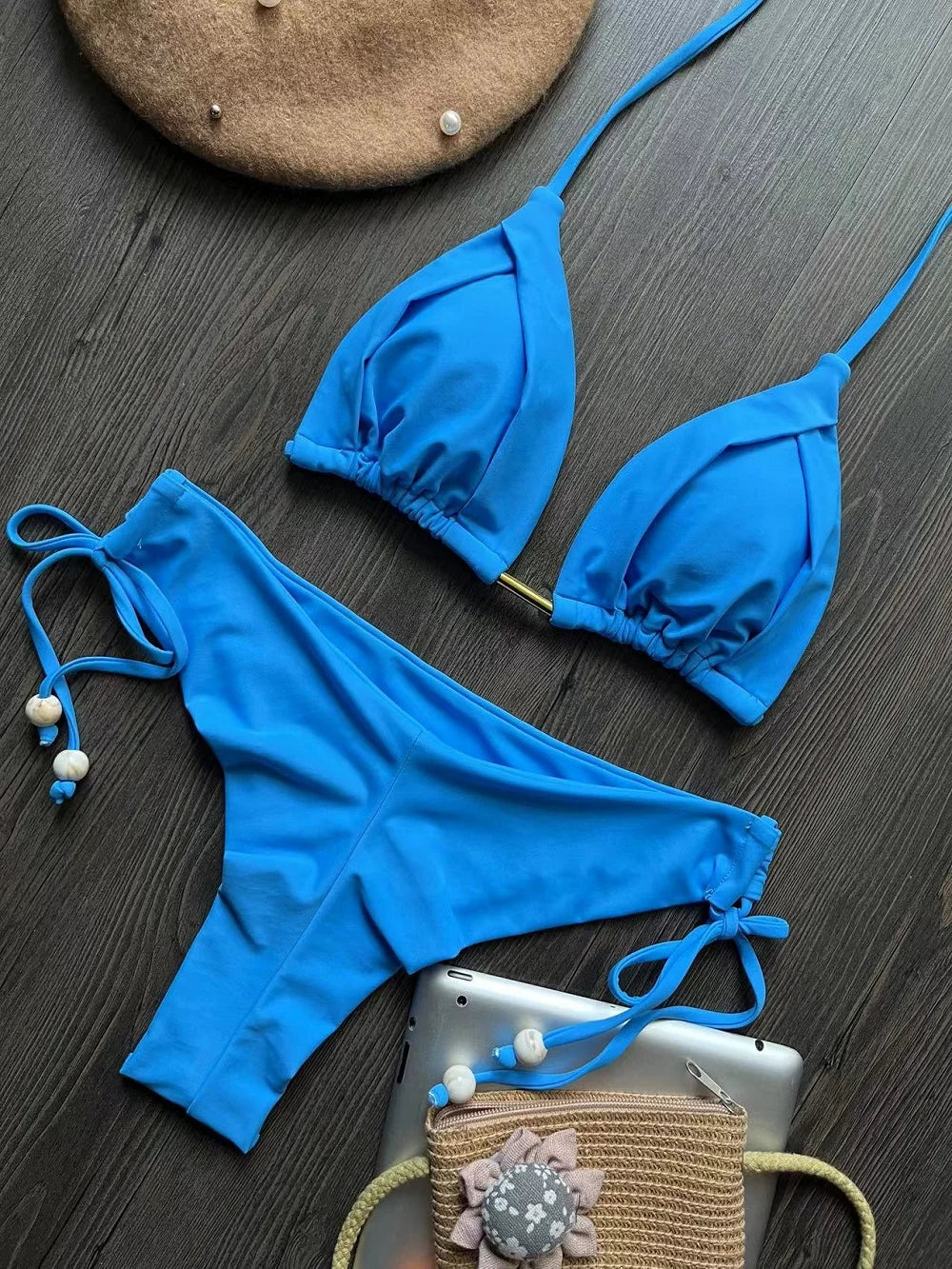 Damen Bikini Set 2025 - Dreieck Badeanzug Brasilianisch Halter Push-Up Metallkette