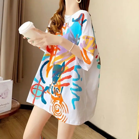 Sommer-T-Shirt 2025: Short-sleeved T-shirt Women's Pure Cotton Summer - New Loose Slim Round Neck Versatile Outside Printed Design Top Trendy Collection