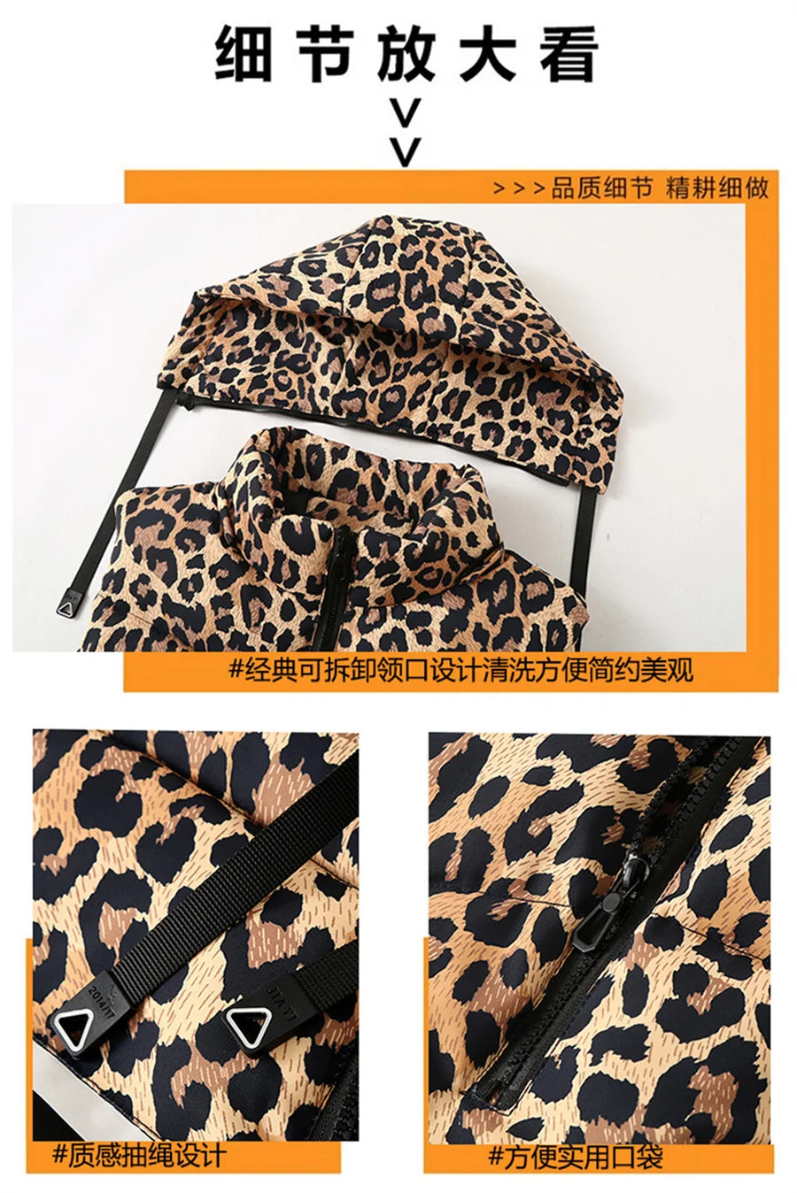 Hebei Leopardendruck Weste - Kapuze Abnehmbar Reißverschluss Baumwollgefüttert Reguläre Passform