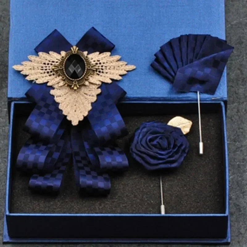 Set de nuntă 2025: Noua modă britanică pentru bărbați, performanță de nuntă pentru mire - Set de accesorii pentru bărbați cu papion, guler floral și buzunar, pentru petrecere de nuntă