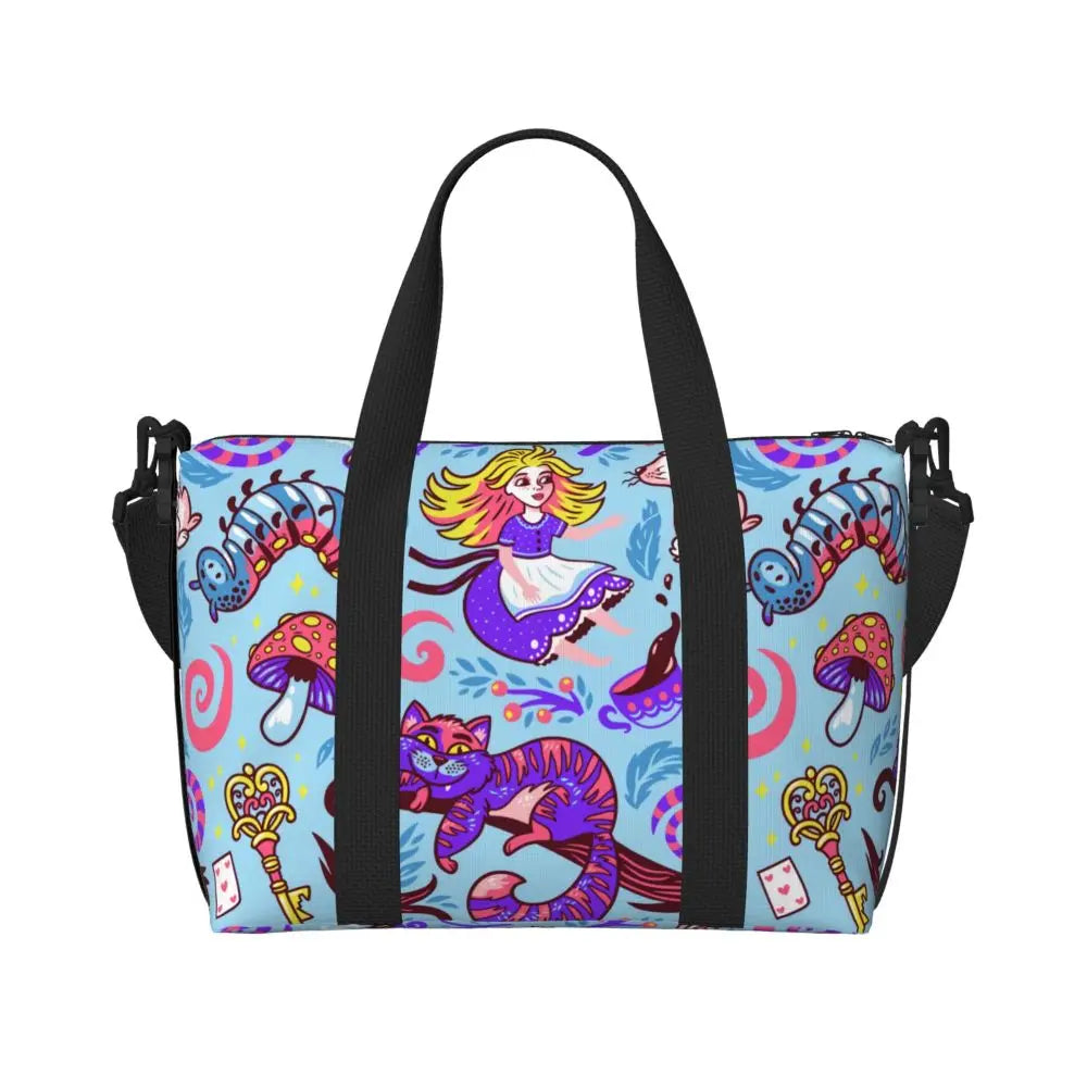 Geantă de plajă personalizată cu pisica Cheshire pentru femei, cu compartiment mare pentru sală și plajă, We're All Mad Here Cat