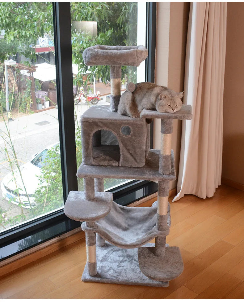 Large Wooden Cat Tree for Big Cats Multi Level Cat Climbing Tower with Scratching Posts and Cozy Condo