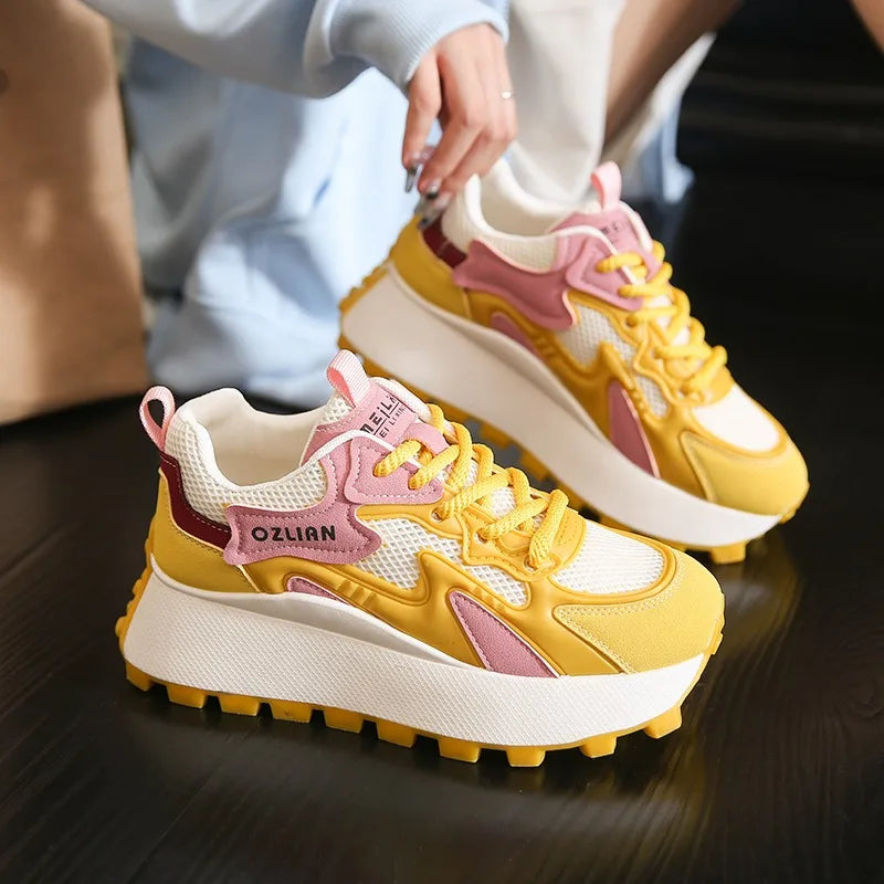 Women‘s Trendy Color-blocked Brand Design Thick-soled Sneakers 2024 Spring and autumn New  Lace-up Mesh Breathable Tennis Shoes
