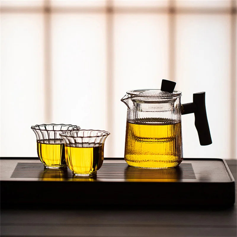 Japanese Heat Resistant Vertical Stripe Glass Tea Pot Wood Handle Teapot Kung Fu Tea Set Puer Kettle Coffee Glass Pot Teaware