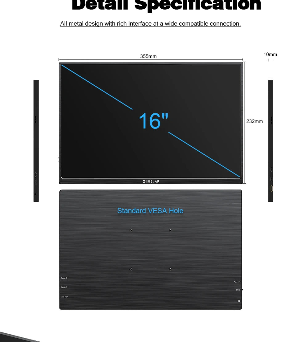Monitor portabil ZEUSLAP de 16" 2.5K 144Hz - 2560x1600 16:10