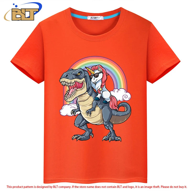 Kinder-T-Shirt 2025: Einhorn auf Dinosaurier - Premium Baumwoll-Mix