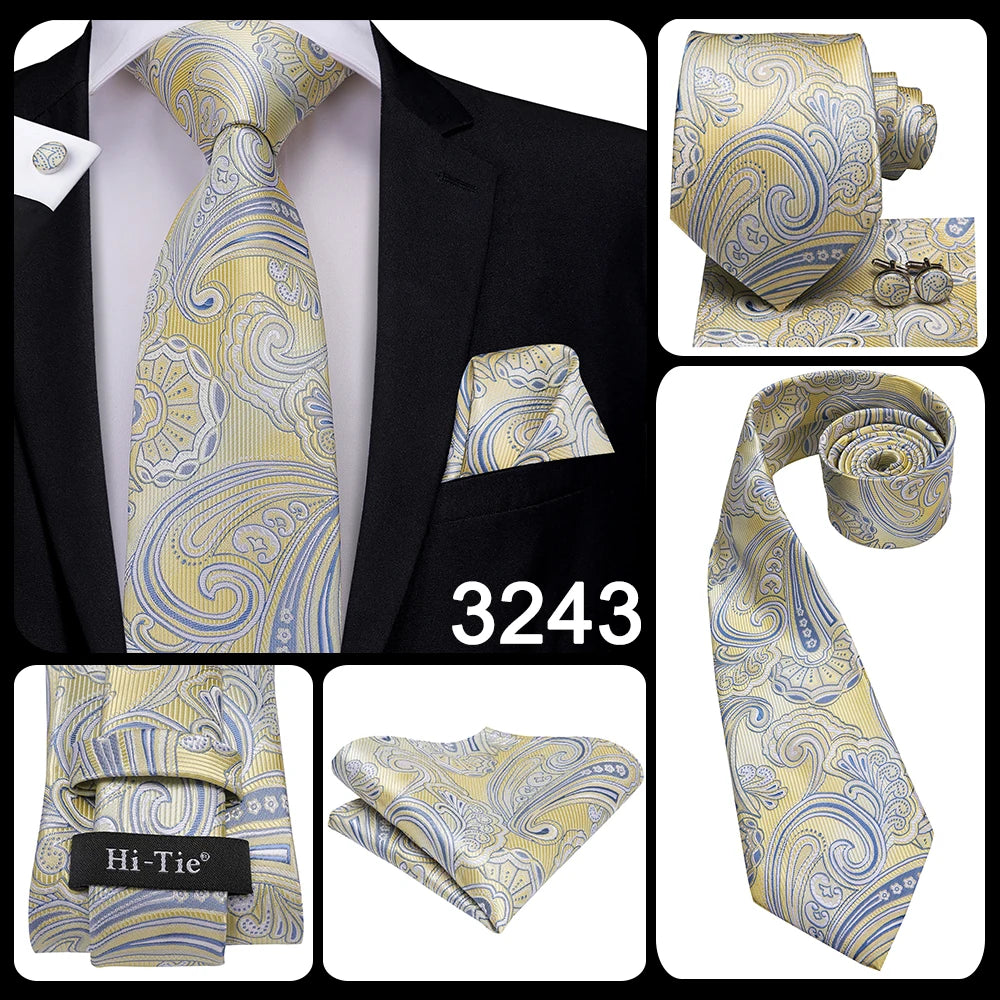 Set de cravate bărbătești din mătase Hi-Tie, model floral, cravate și batiste aurii galbene, set de butoni, costum de nuntă pentru bărbați, cravată la modă C-3053