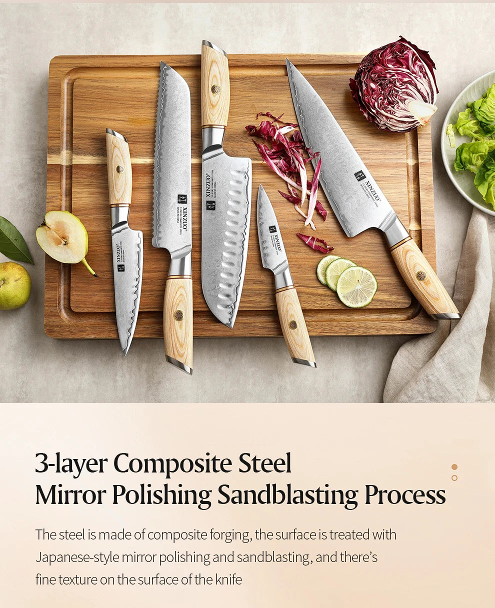 XINZUO 1-5pcs Knife Set Pakkawood Handle Nails 3-layer Clad Steel 60±2 HRC 15°±1 Per Side Kitchen Accessory Tools Best Gift