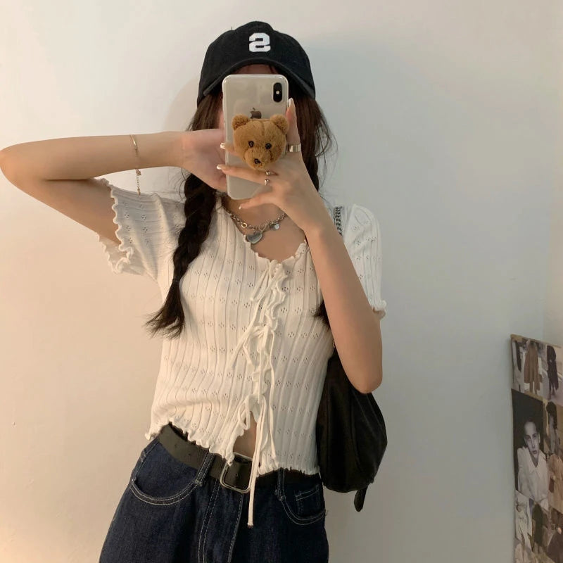 Knitted TShirt For Women V-neck Summer Simple Versatile Casual Crop Tops Bandage Ribbed Short Sleeve Women's Top T-Shirt Girl